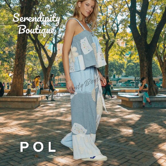 POL Lace & Patchwork Denim Gauze Super Baggy Flare Wide Leg Boho Pants - Picture 3 of 11